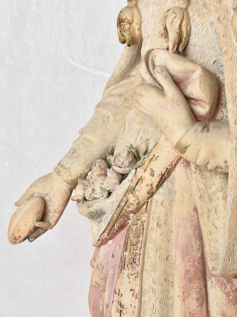 19th century Religious terracotta statue - Saint Elizabeth (?) with roses & bread - 39½"