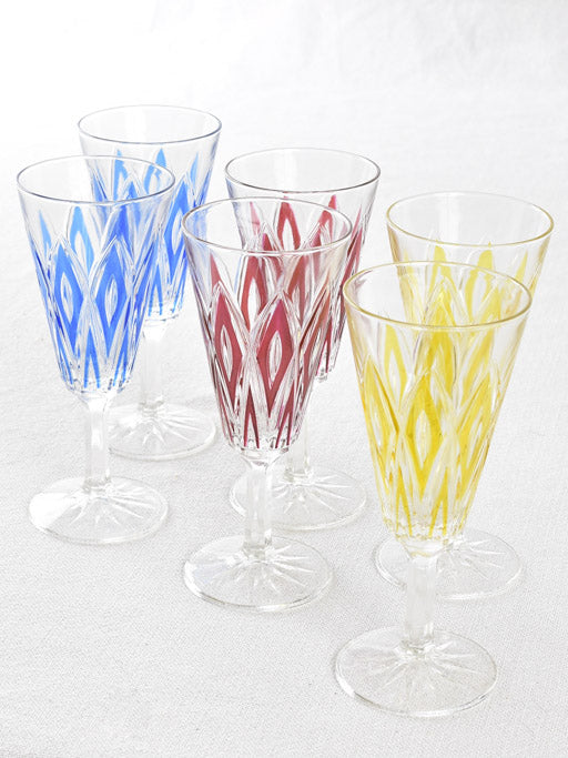 Set of six vintage argyle patterned colored wine glasses