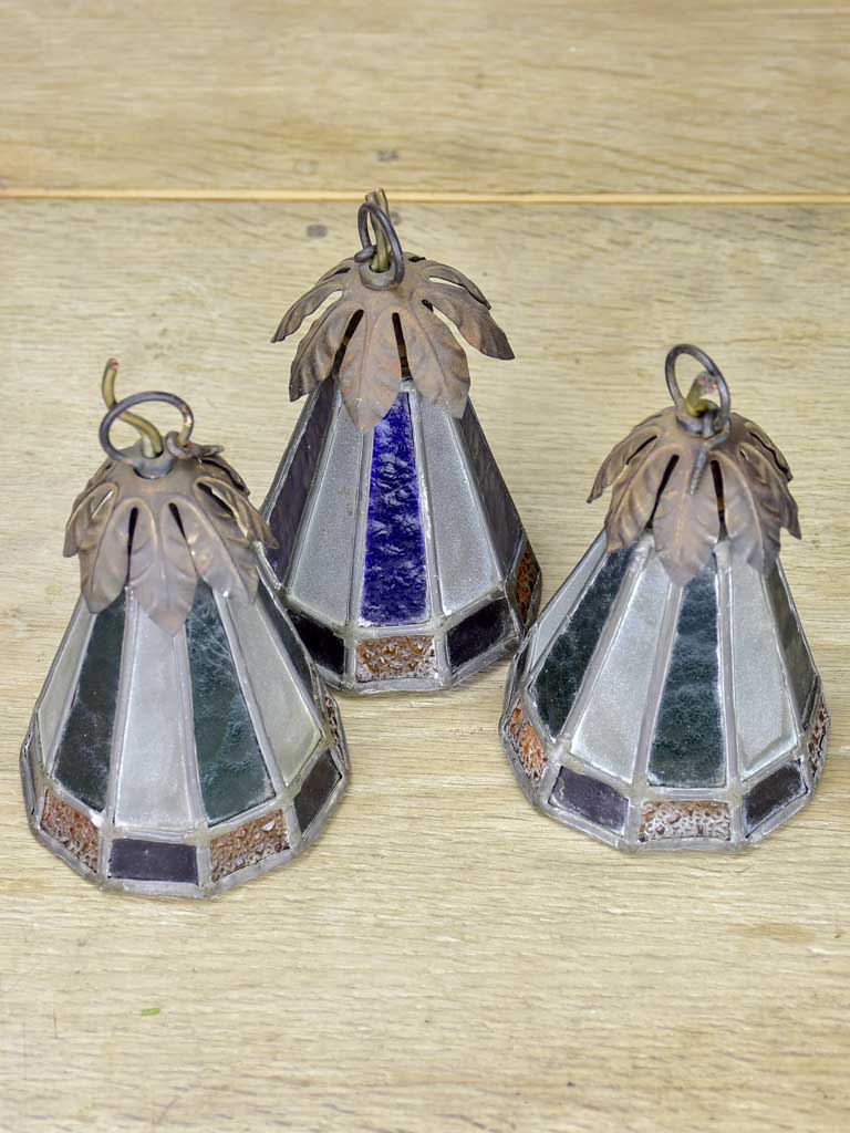 Three small antique lead light suspension lights - Tiffany style 6¼"