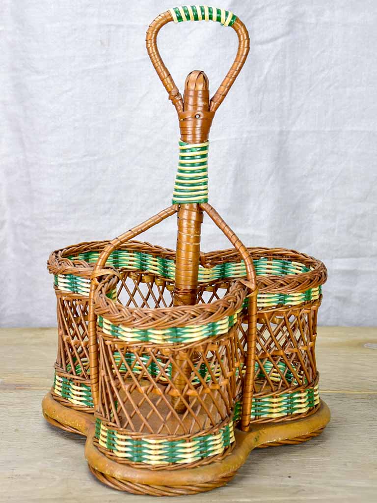 Mid century French wicker bottle carrier three bottles