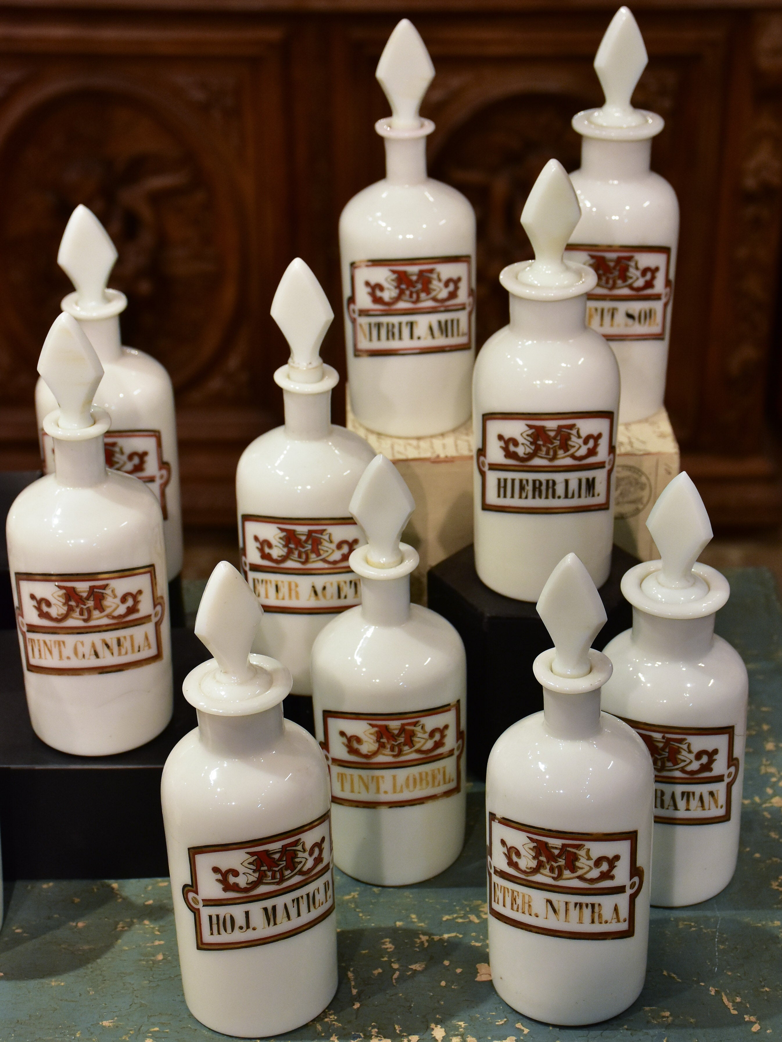 Set of 17 antique French opaline apothecary flasks