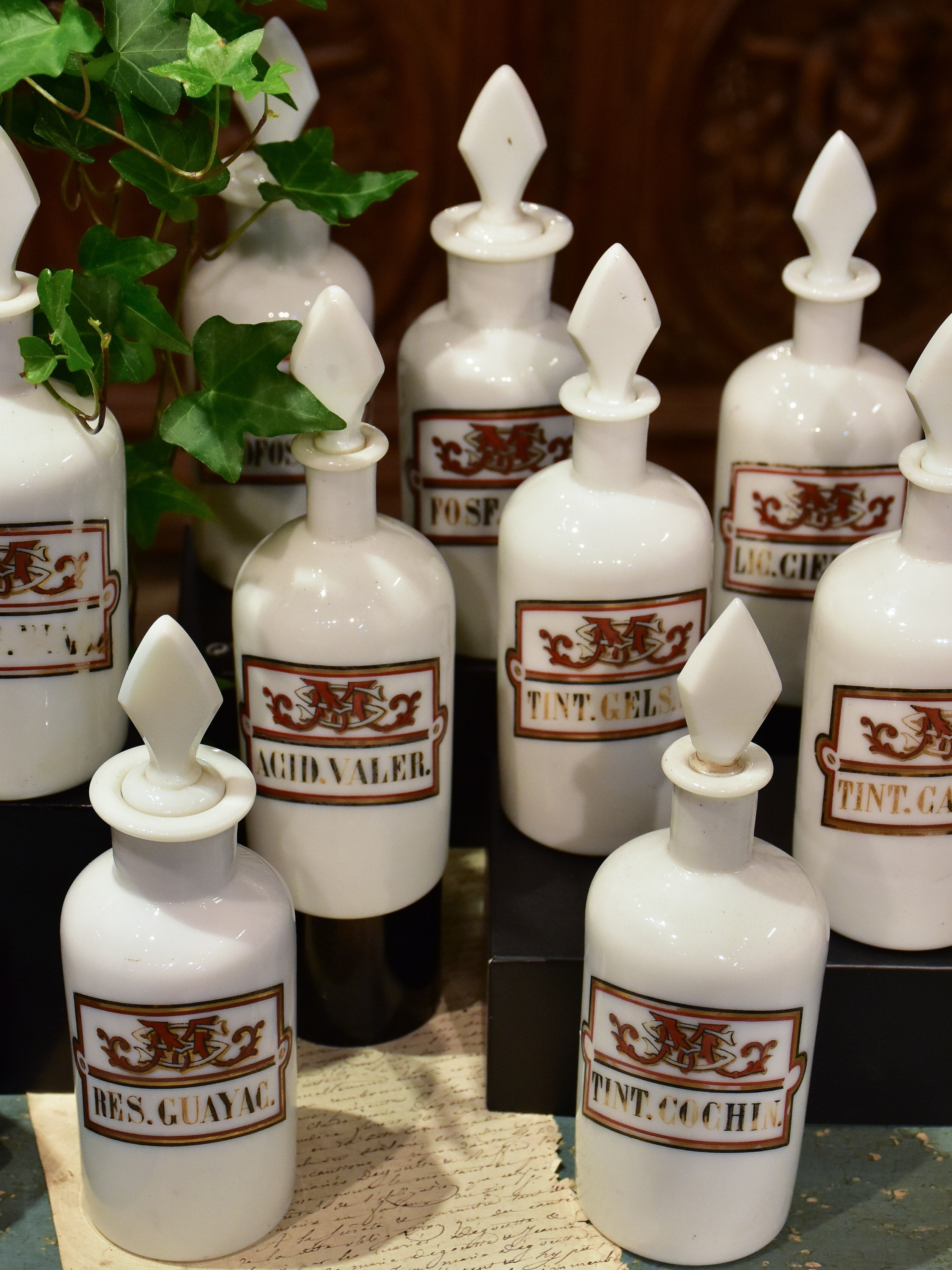 Set of 17 antique French opaline apothecary flasks