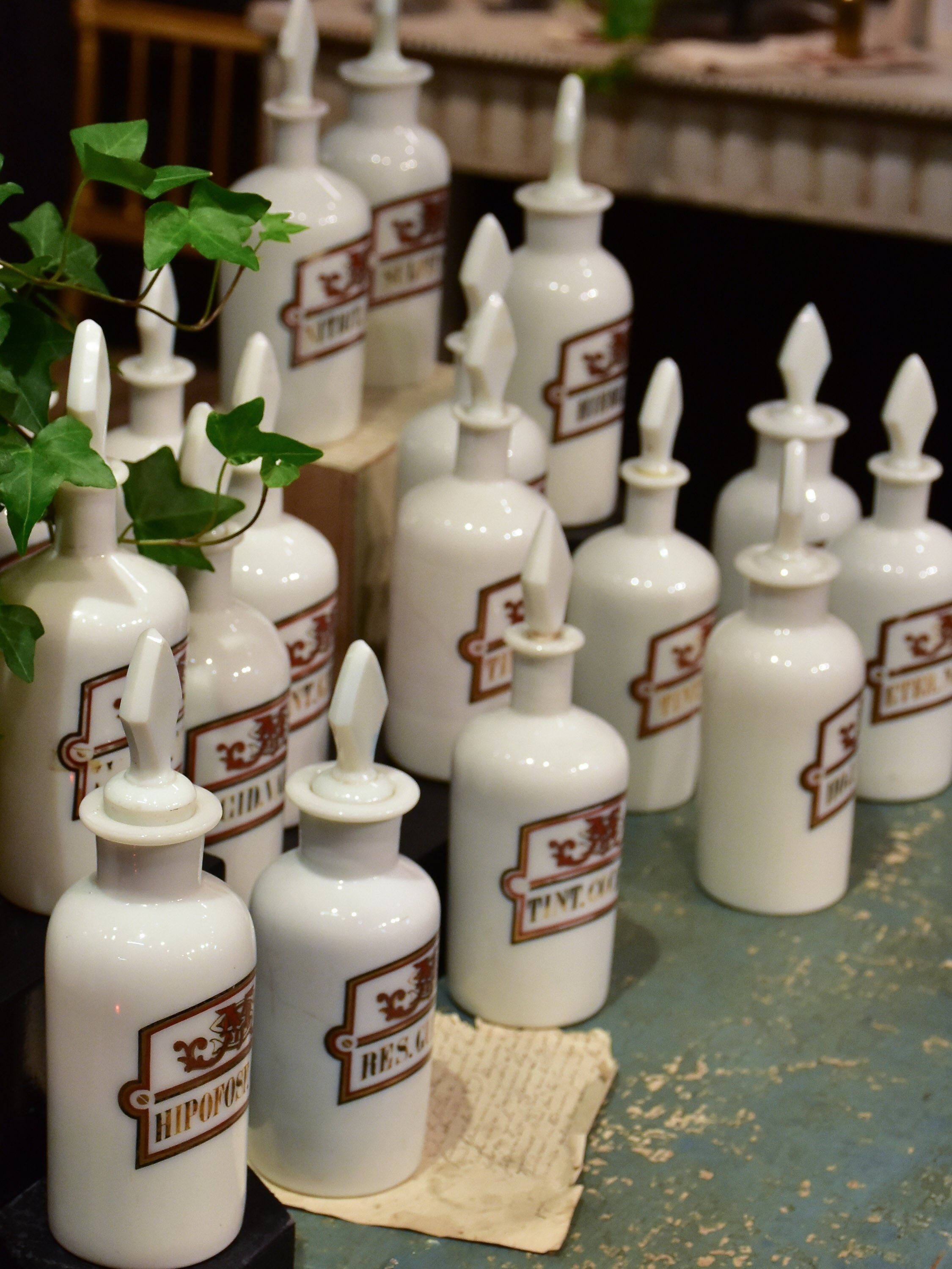 Set of 17 antique French opaline apothecary flasks