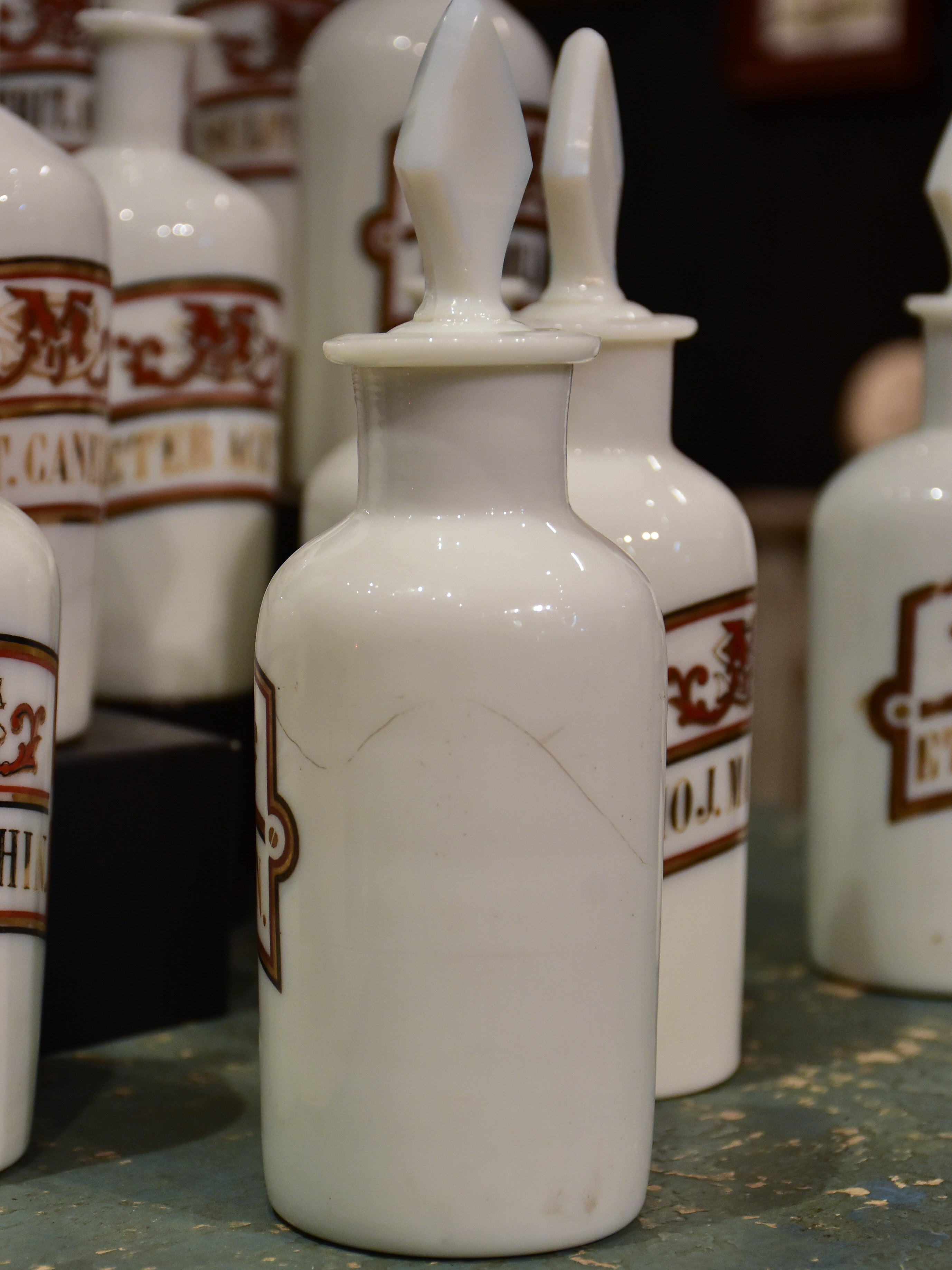 Set of 17 antique French opaline apothecary flasks