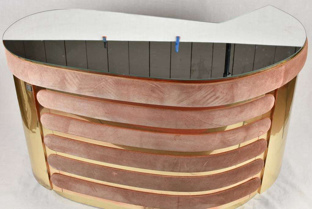 1970s brass & pink velvet curved bar - Willy Rizzo - 52¼"