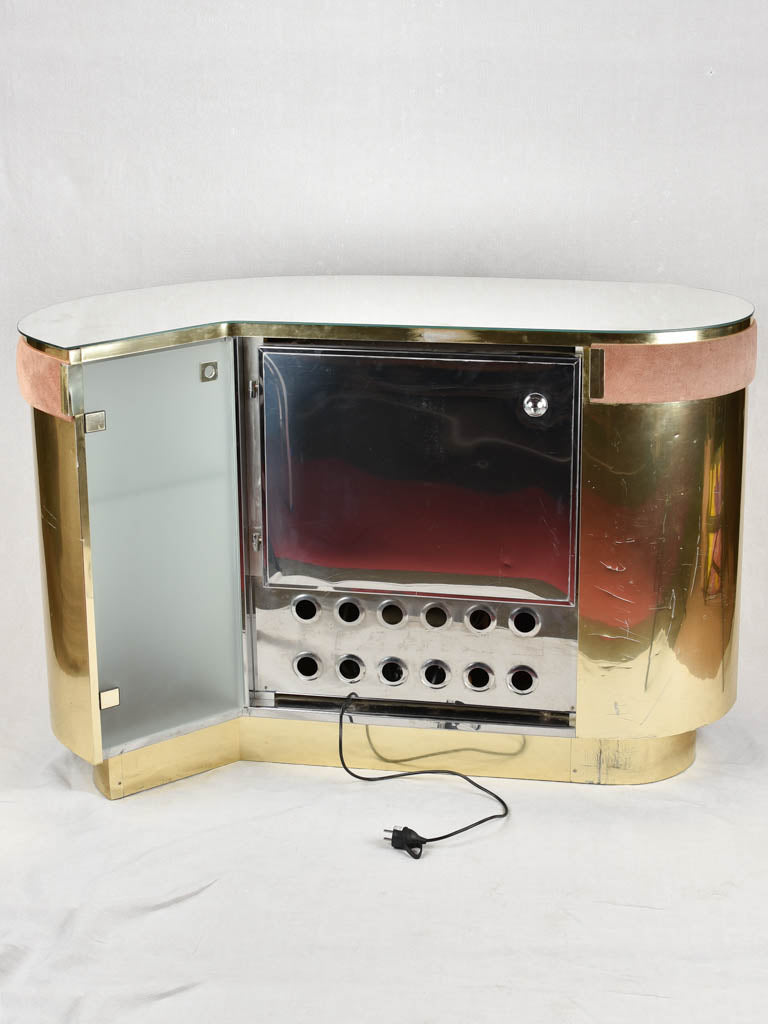 1970s brass & pink velvet curved bar - Willy Rizzo - 52¼"