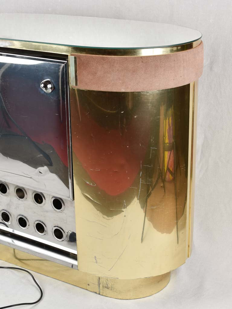 1970s brass & pink velvet curved bar - Willy Rizzo - 52¼"
