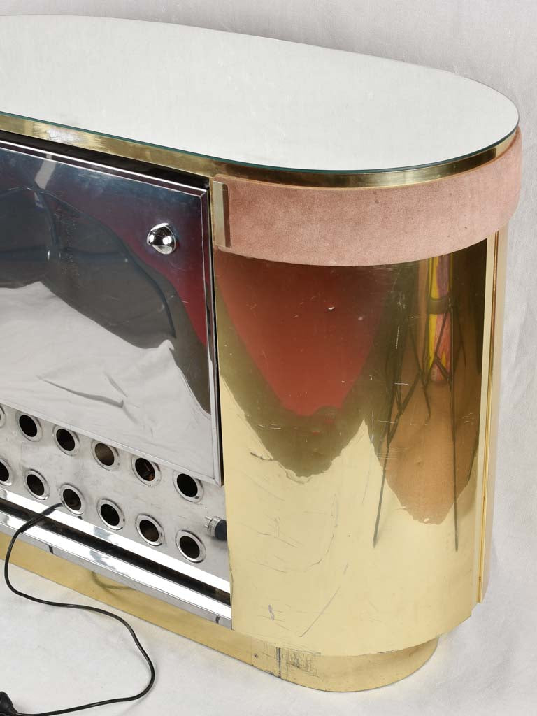 1970s brass & pink velvet curved bar - Willy Rizzo - 52¼"