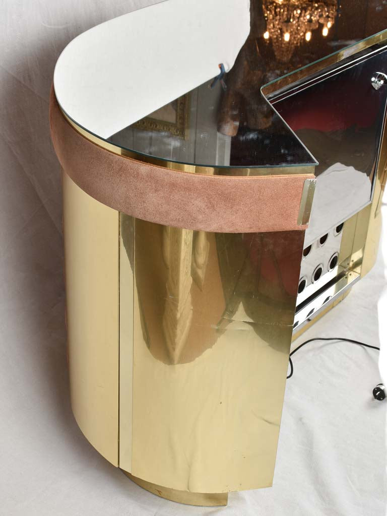 1970s brass & pink velvet curved bar - Willy Rizzo - 52¼"