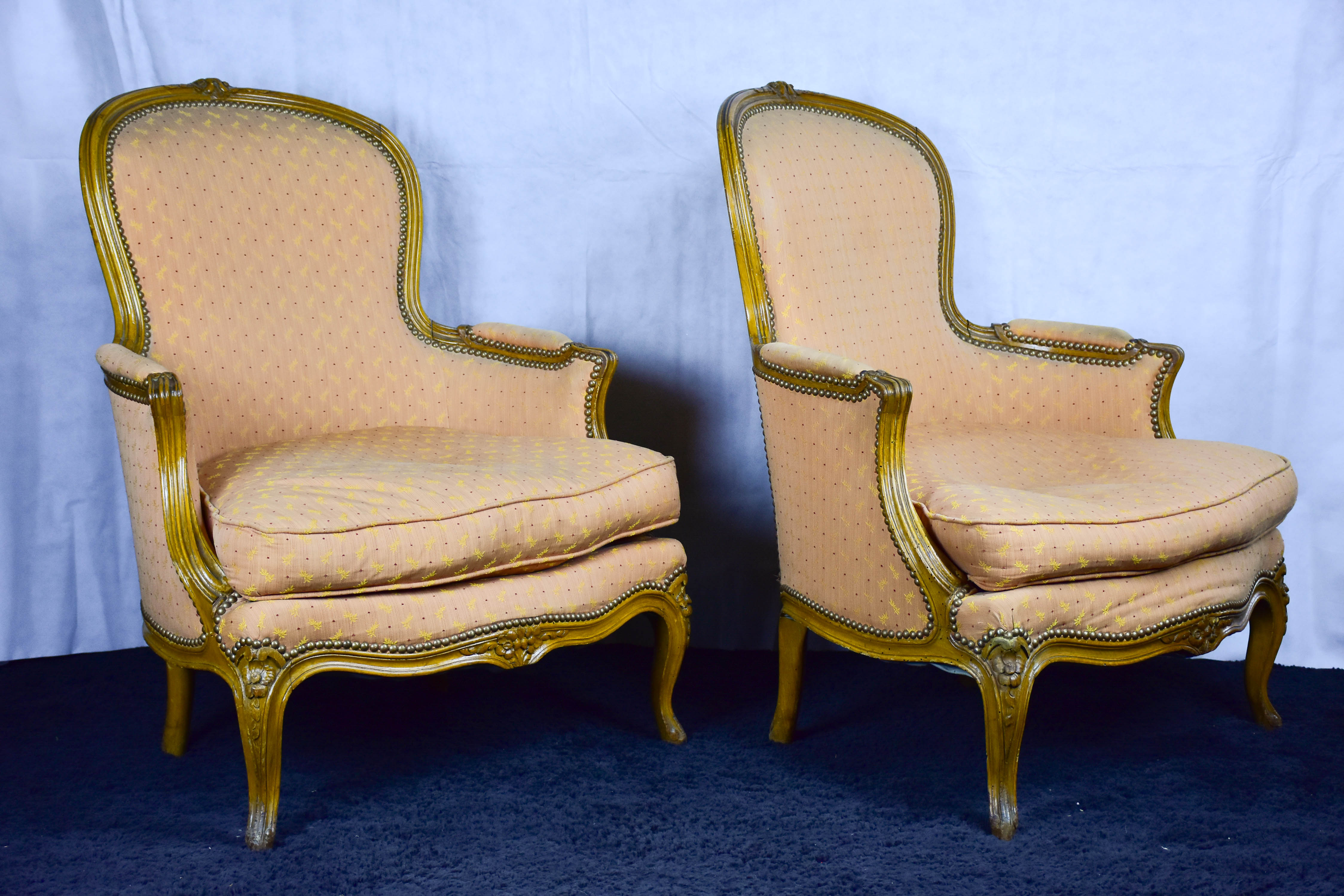 Pair of antique French Bergere Louis XV armchairs