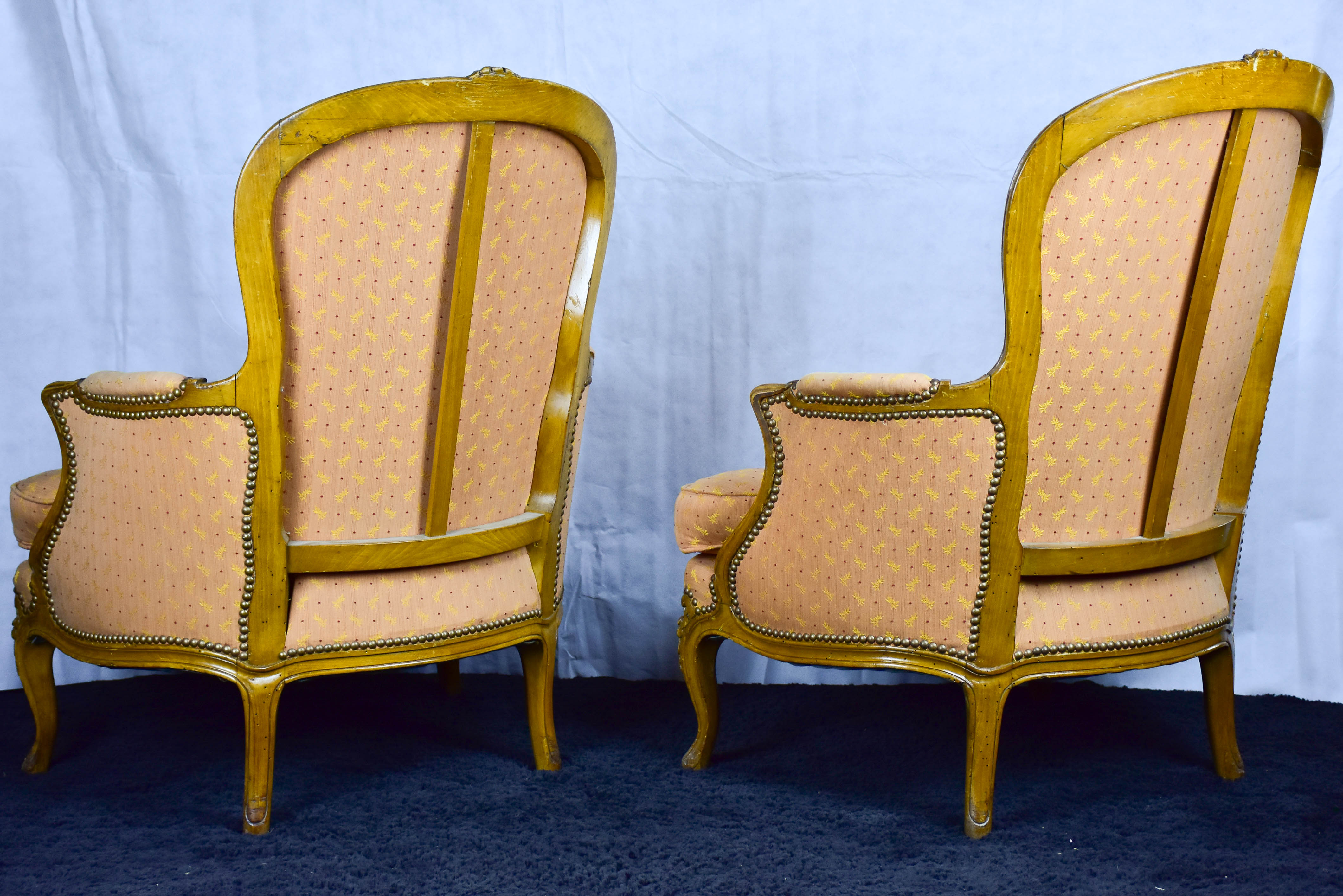 Pair of antique French Bergere Louis XV armchairs