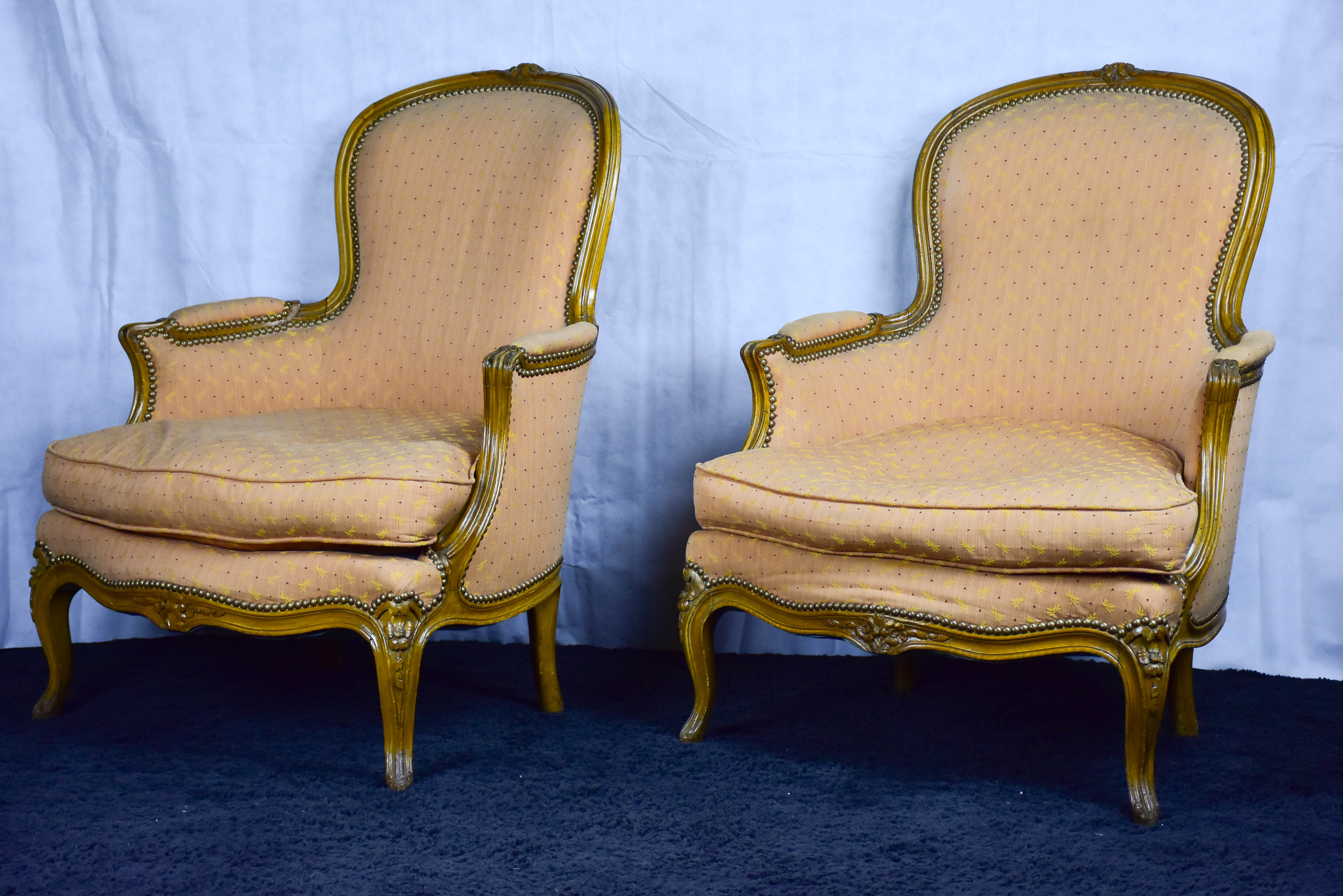 Pair of antique French Bergere Louis XV armchairs