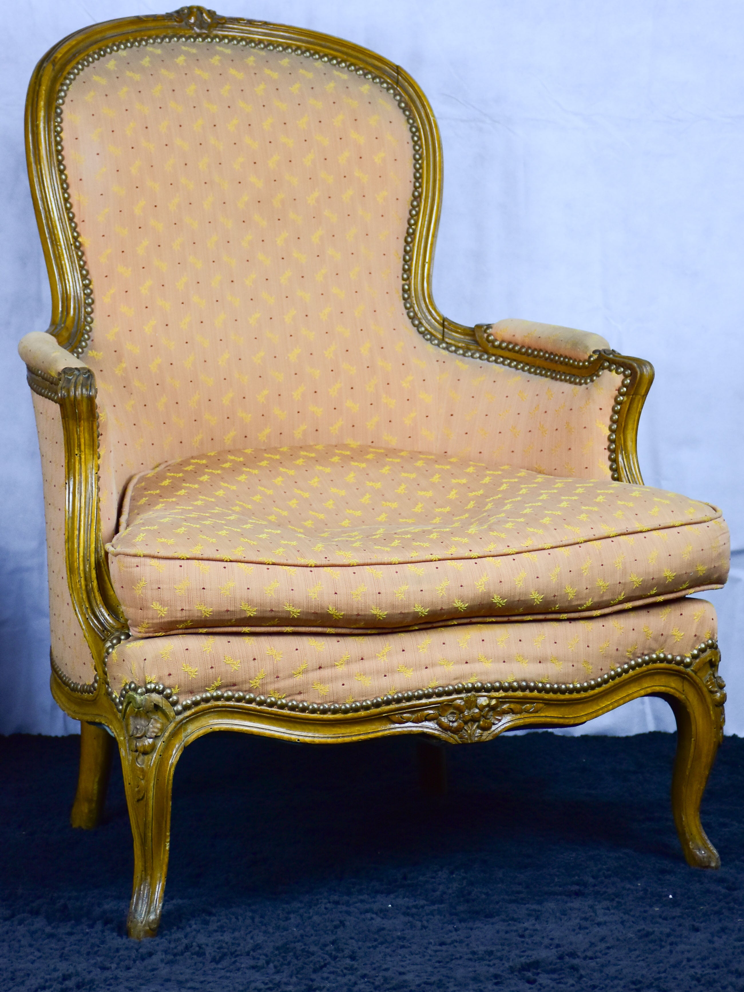 Pair of antique French Bergere Louis XV armchairs