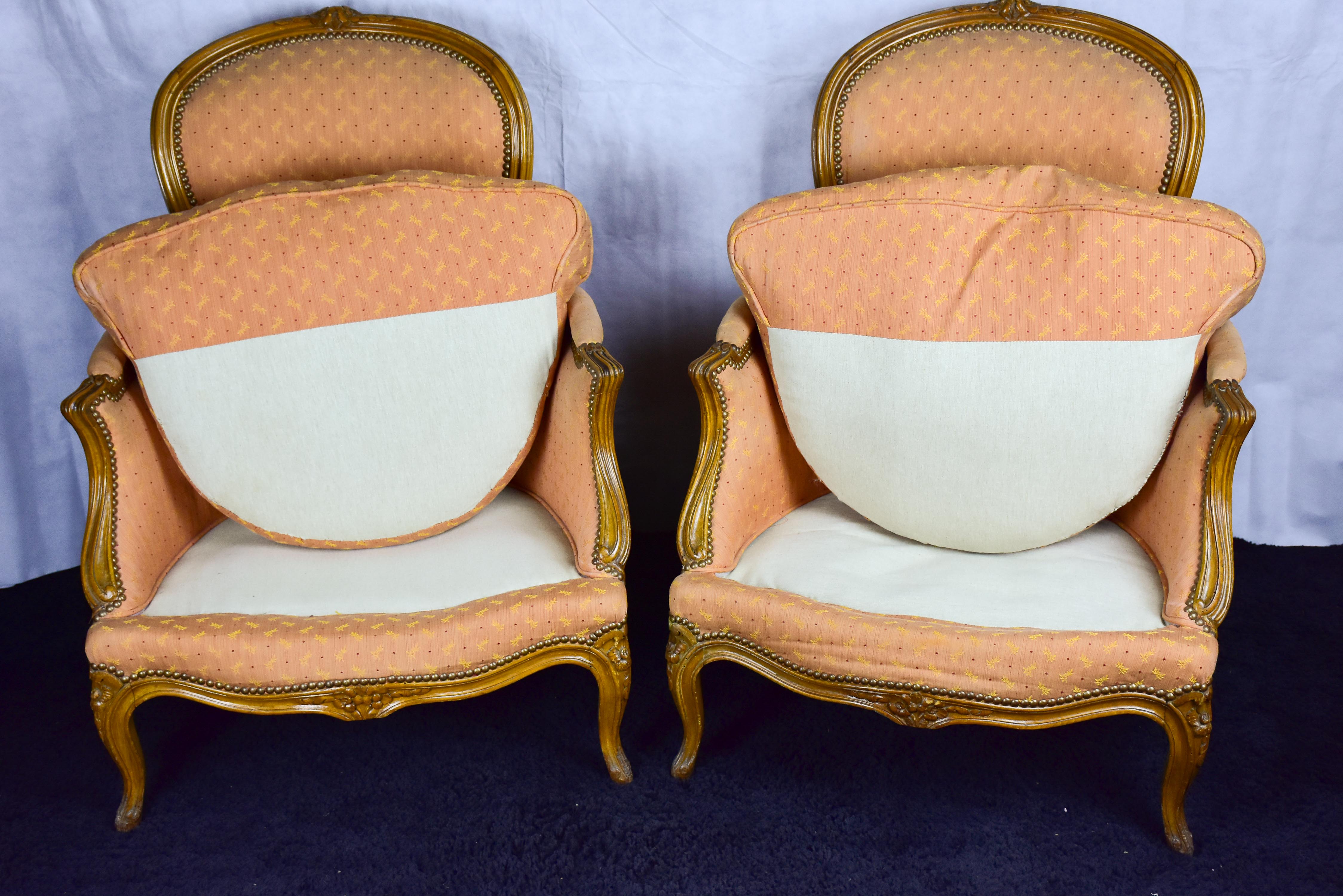 Pair of antique French Bergere Louis XV armchairs