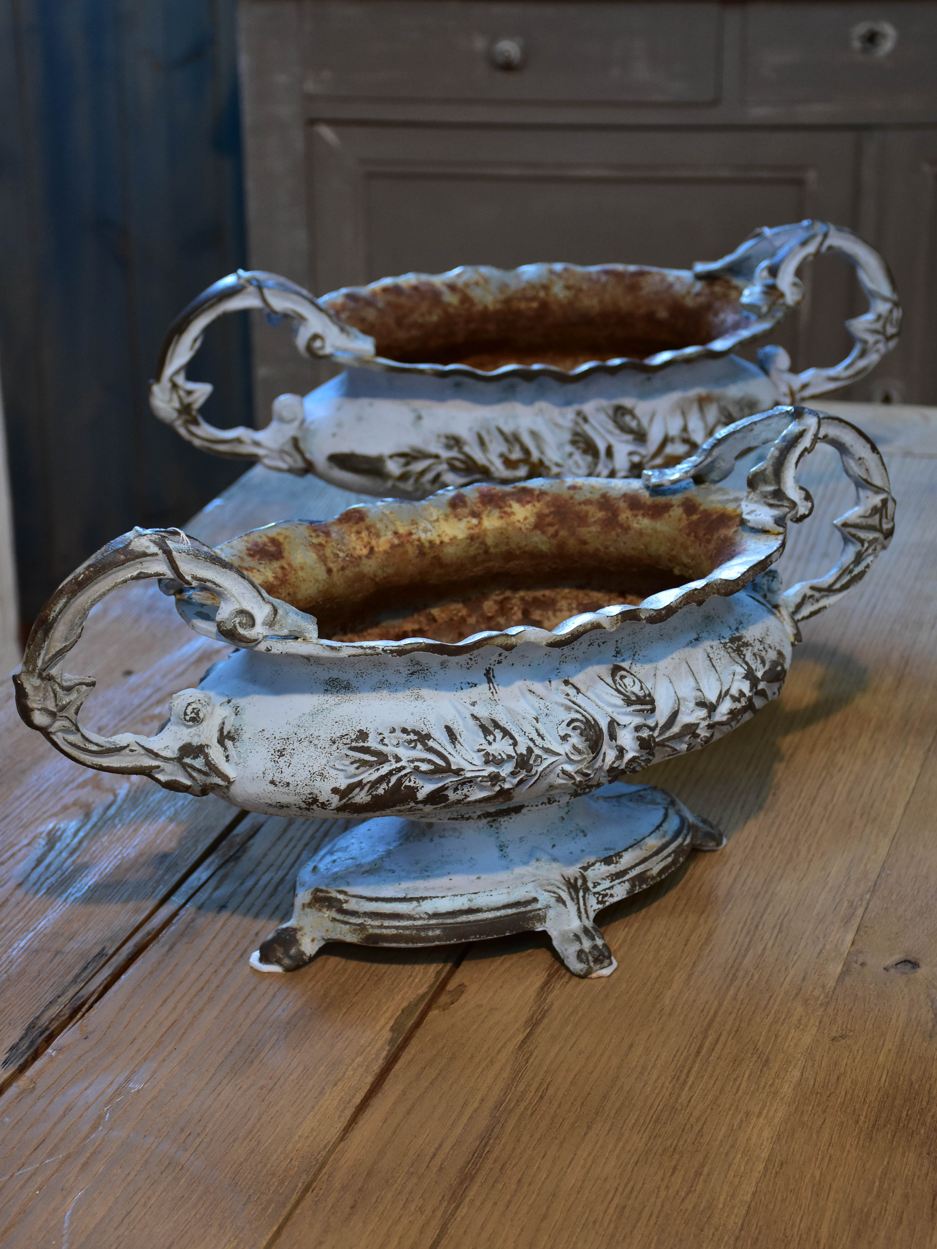 Pair of antique French cast iron garden planters