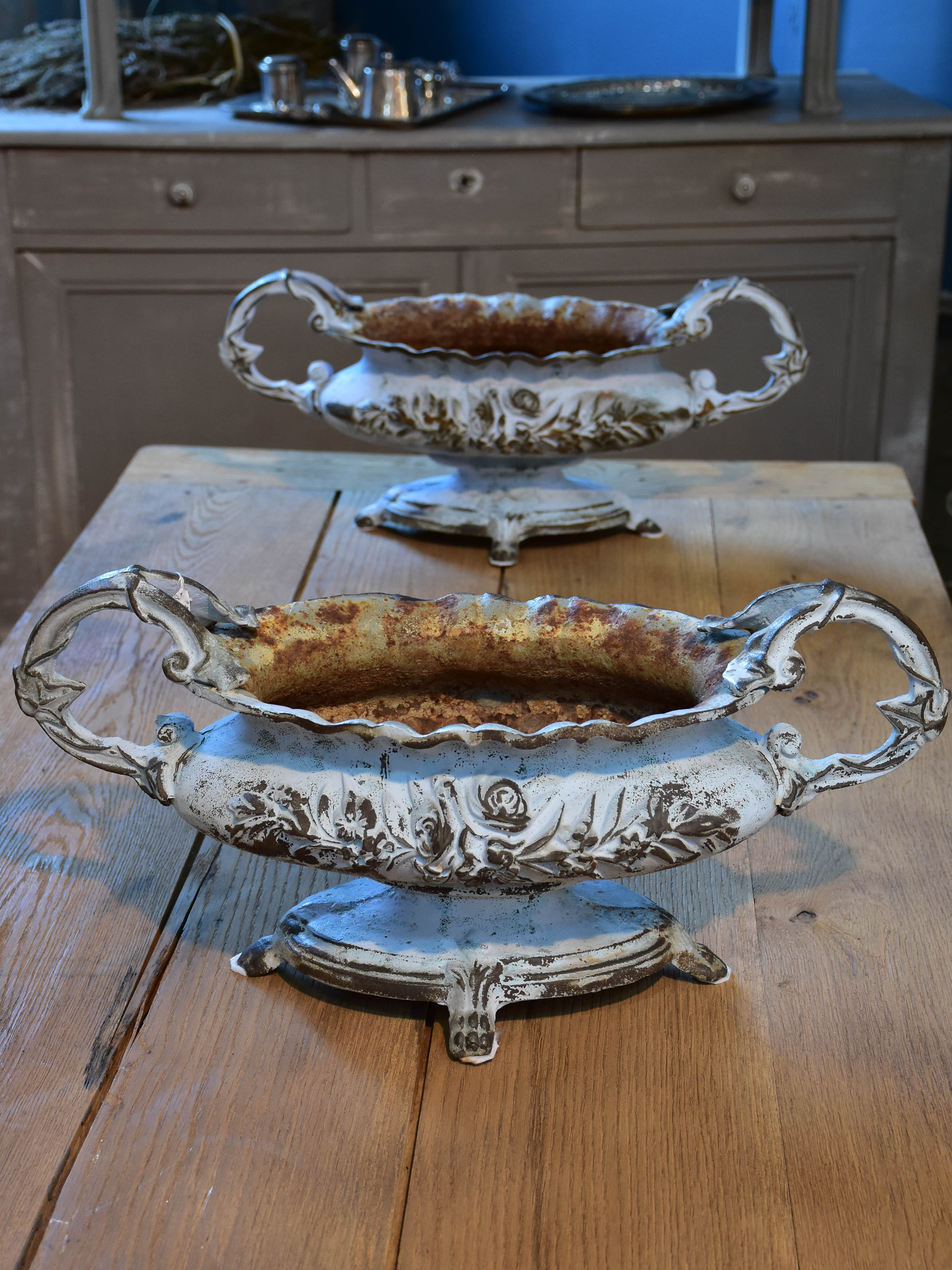 Pair of antique French cast iron garden planters
