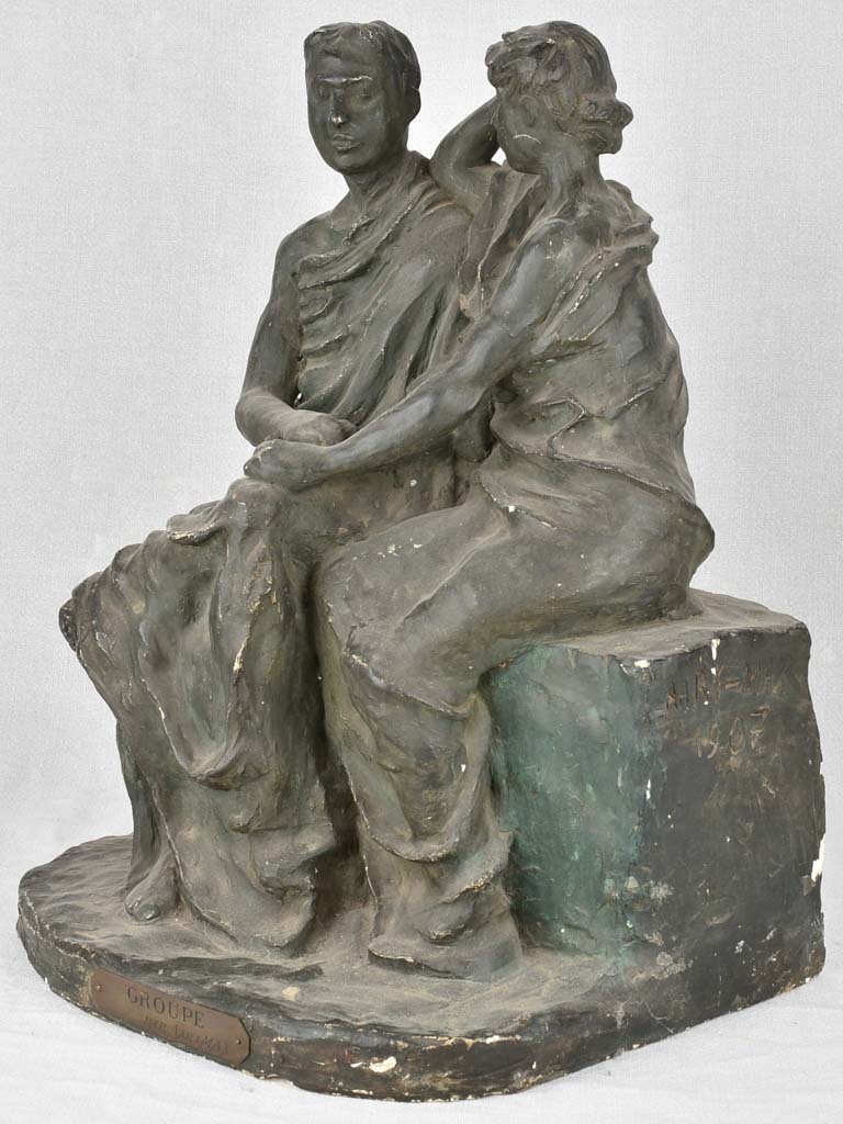 Aged Painted Plaster Sculpture with Plaque