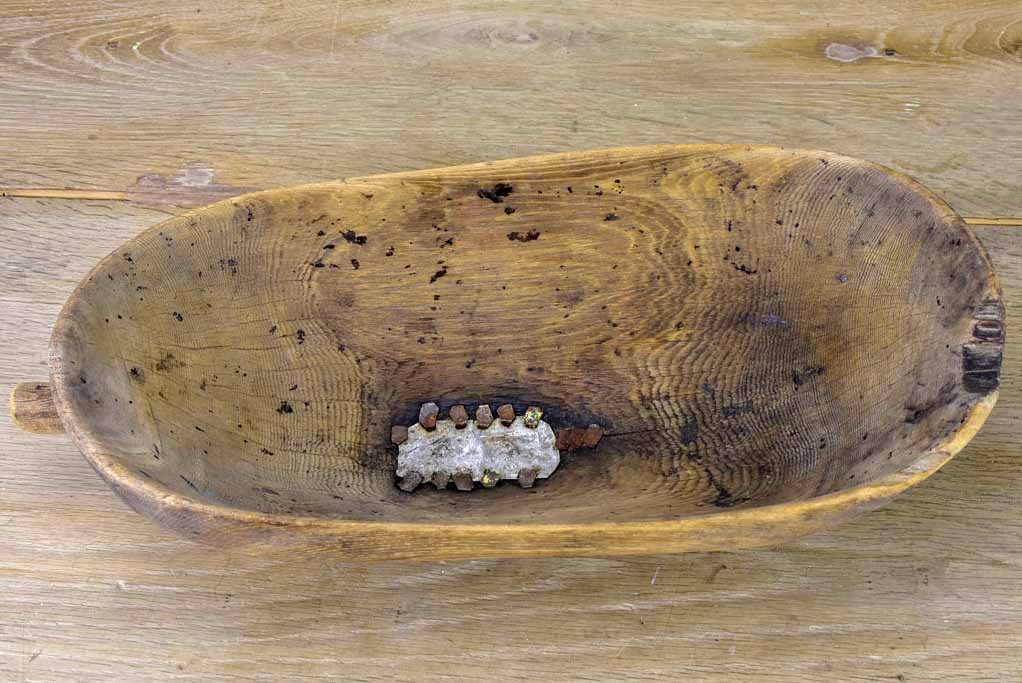 Primitive oval wooden recipient bowl with repairs 18" x 8¼"