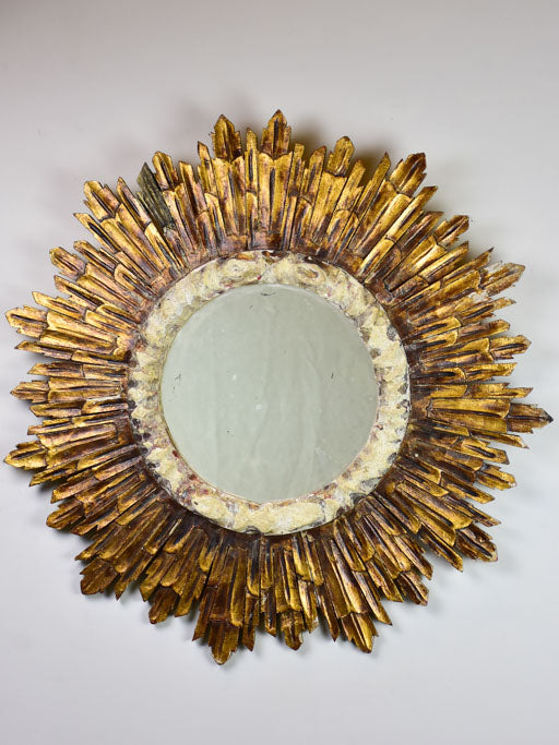 Mid century French sunburst mirror with gold and beige frame 27¼"