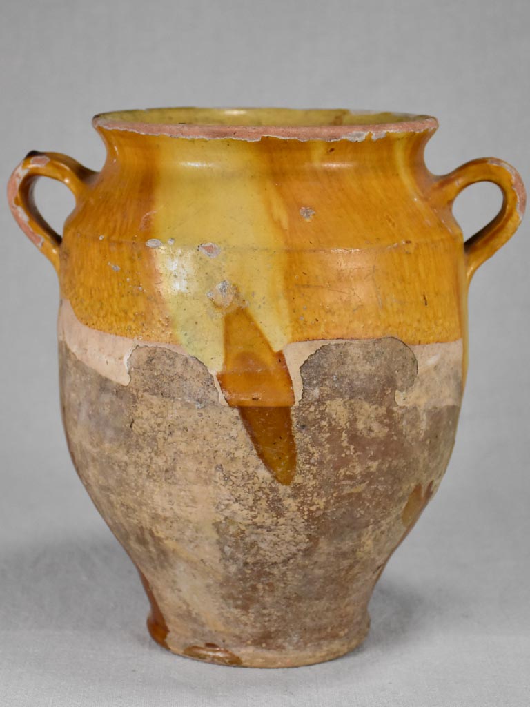 Antique French confit pot with yellow glaze 11"