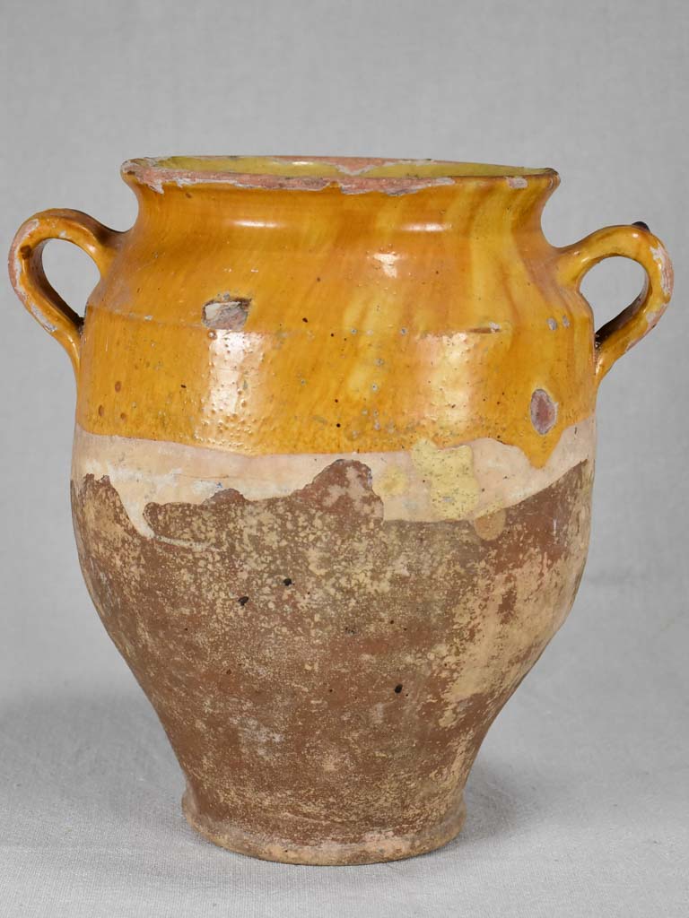 Antique French confit pot with yellow glaze 11"