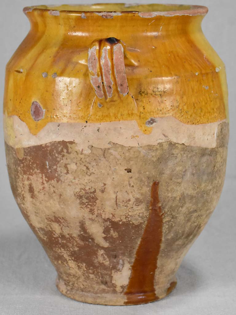 Antique French confit pot with yellow glaze 11"