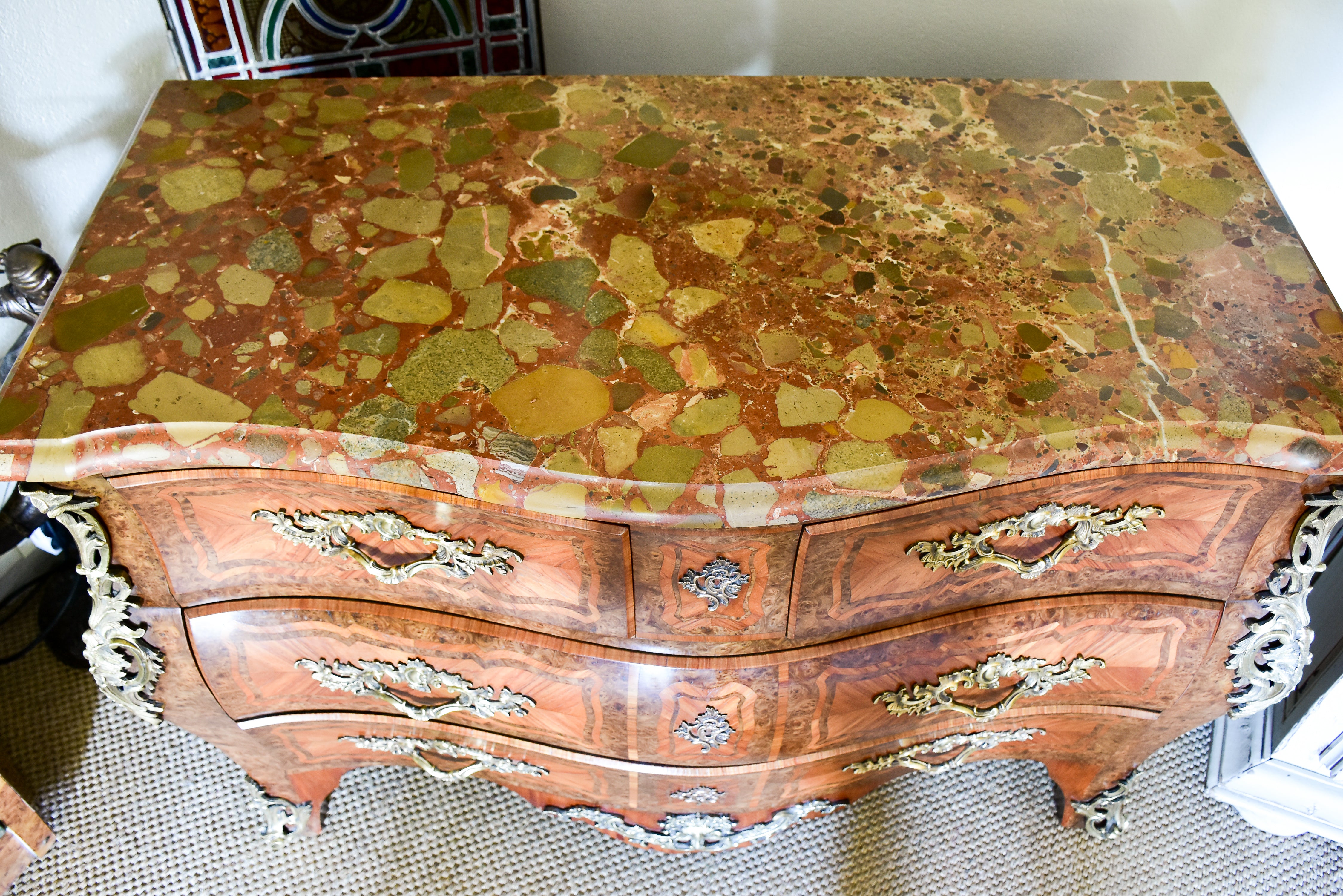 Antique Louis XV style commode with marquetry and marble top