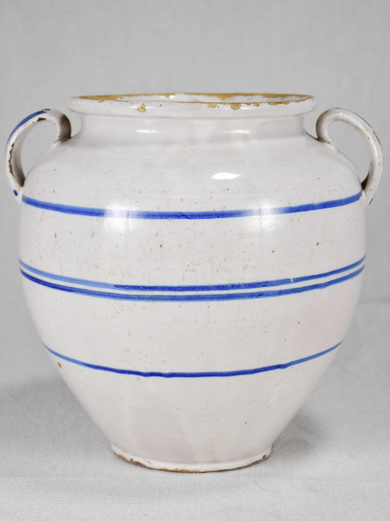 Antique French confit pot from Sète - white with blue stripes 9½"