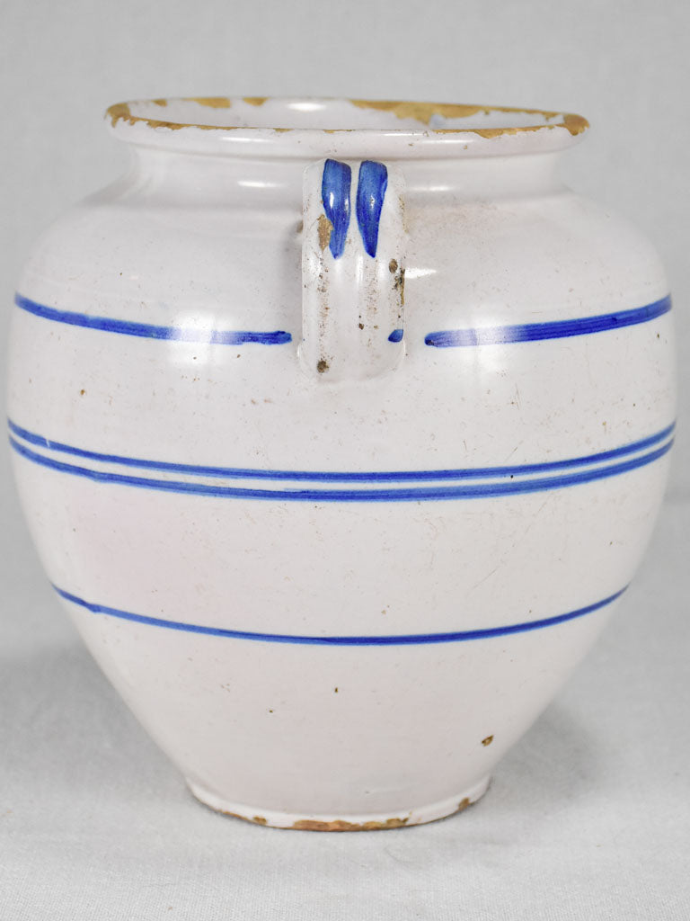 Antique French confit pot from Sète - white with blue stripes 9½"
