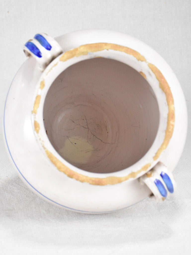 Antique French confit pot from Sète - white with blue stripes 9½"