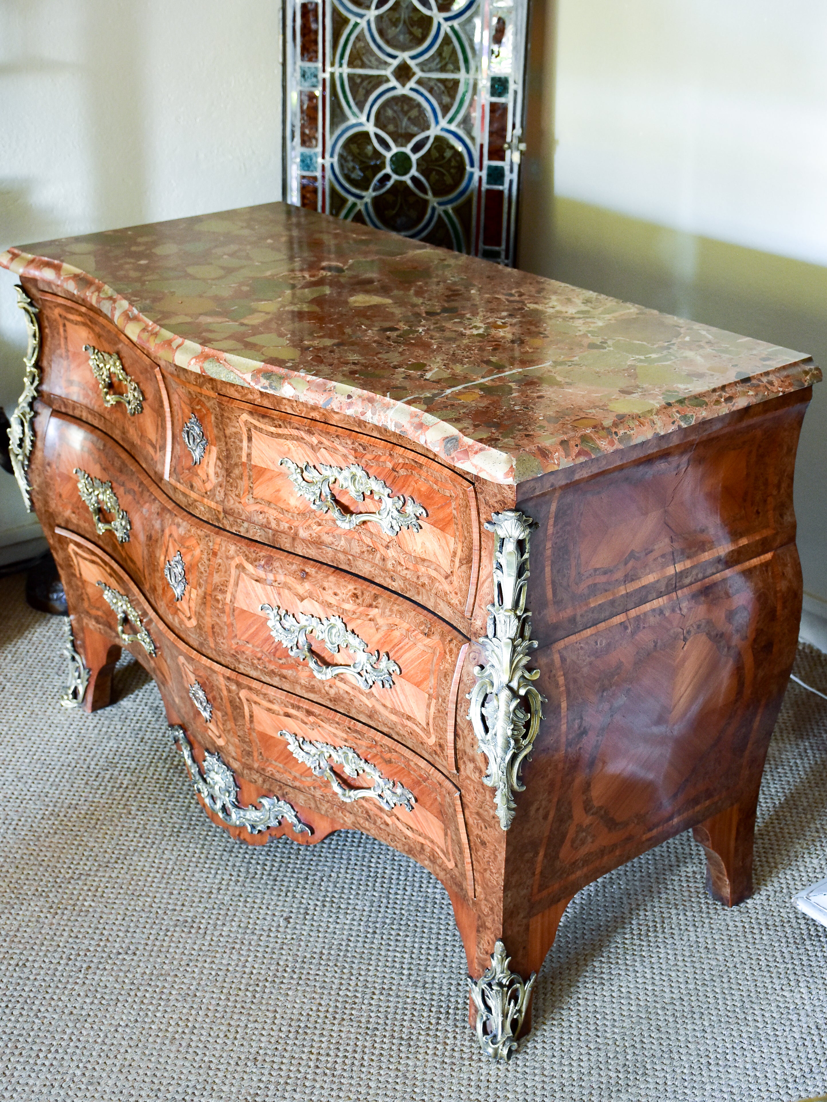 Antique Louis XV style commode with marquetry and marble top