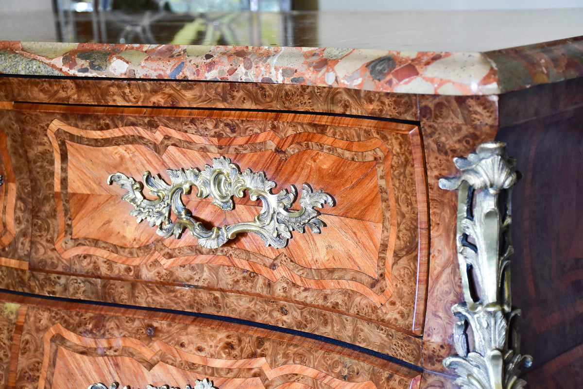 Antique Louis XV style commode with marquetry and marble top