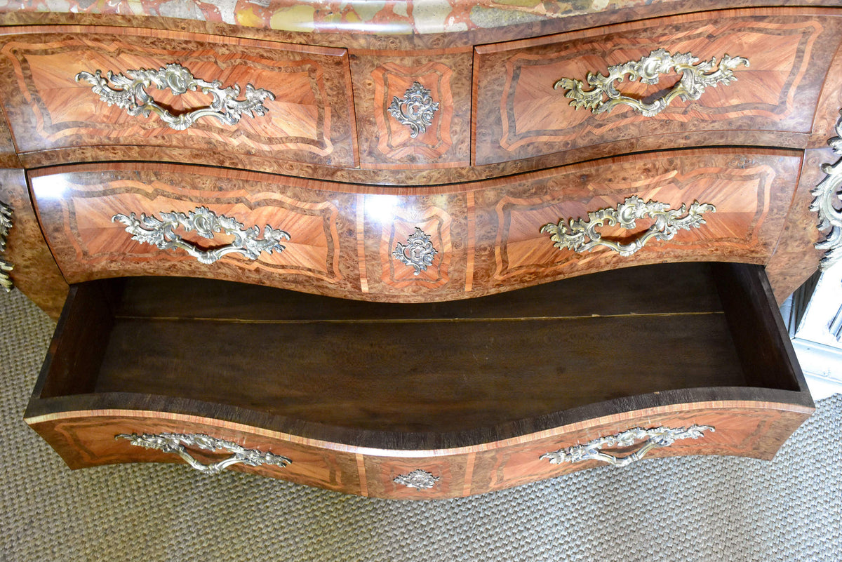 Antique Louis XV style commode with marquetry and marble top