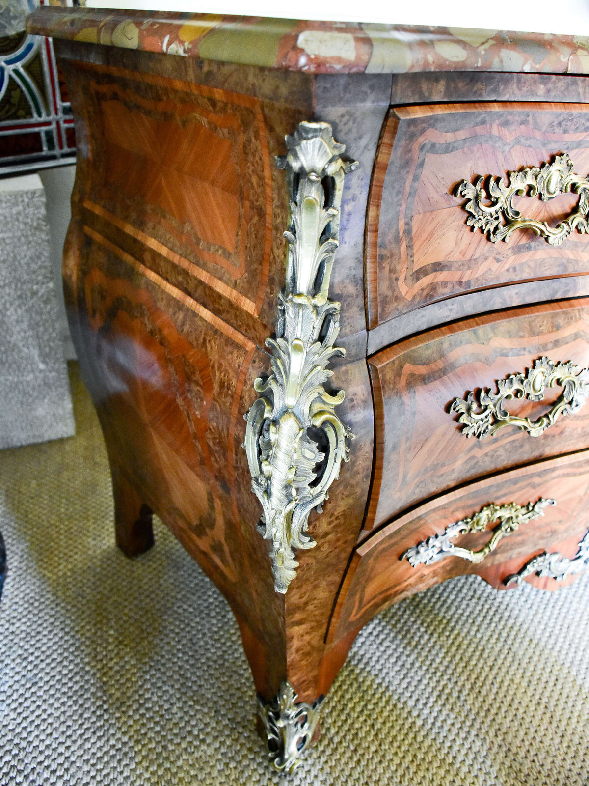 Antique Louis XV style commode with marquetry and marble top