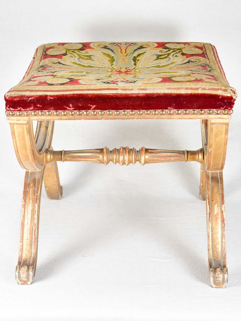Napoleon III curule stool with cross-stitch upholstery
