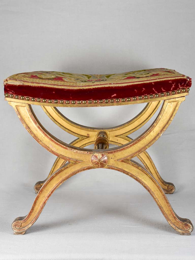 Napoleon III curule stool with cross-stitch upholstery
