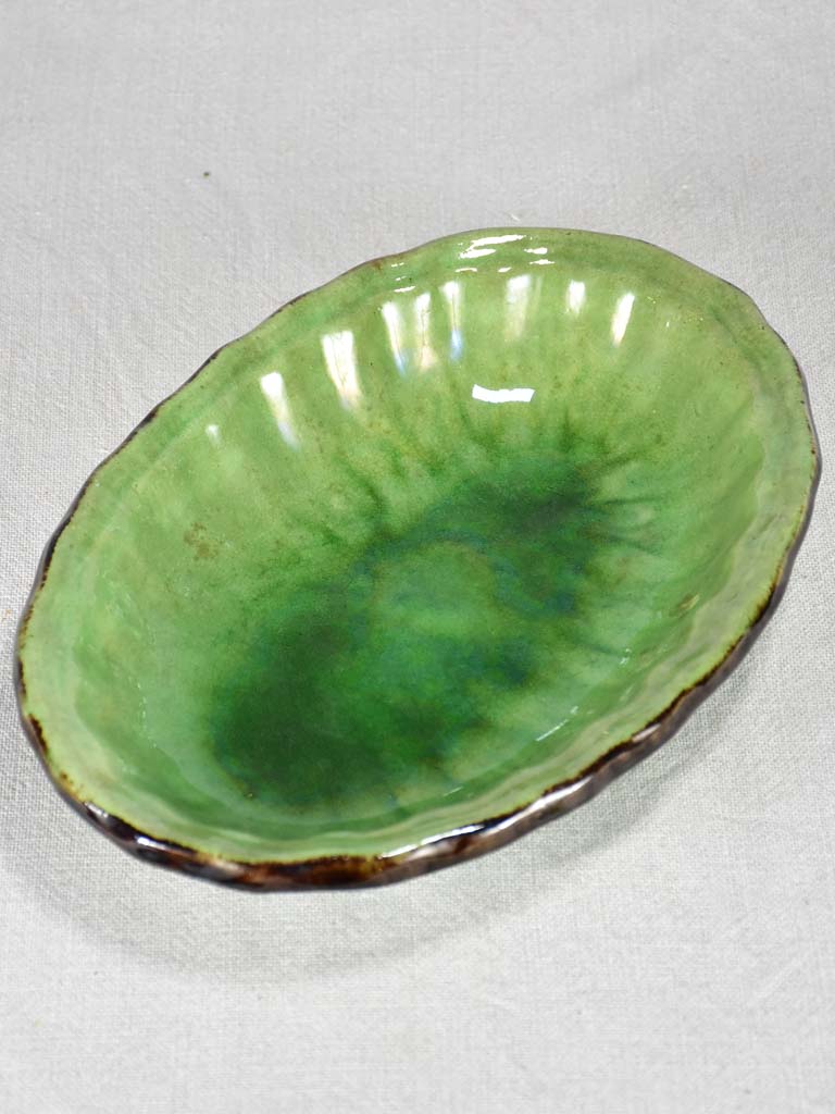 Antique French oval bowl from Dieulefit with green glaze 11"