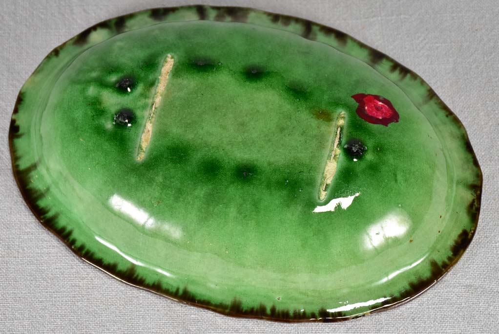 Antique French oval bowl from Dieulefit with green glaze 11"