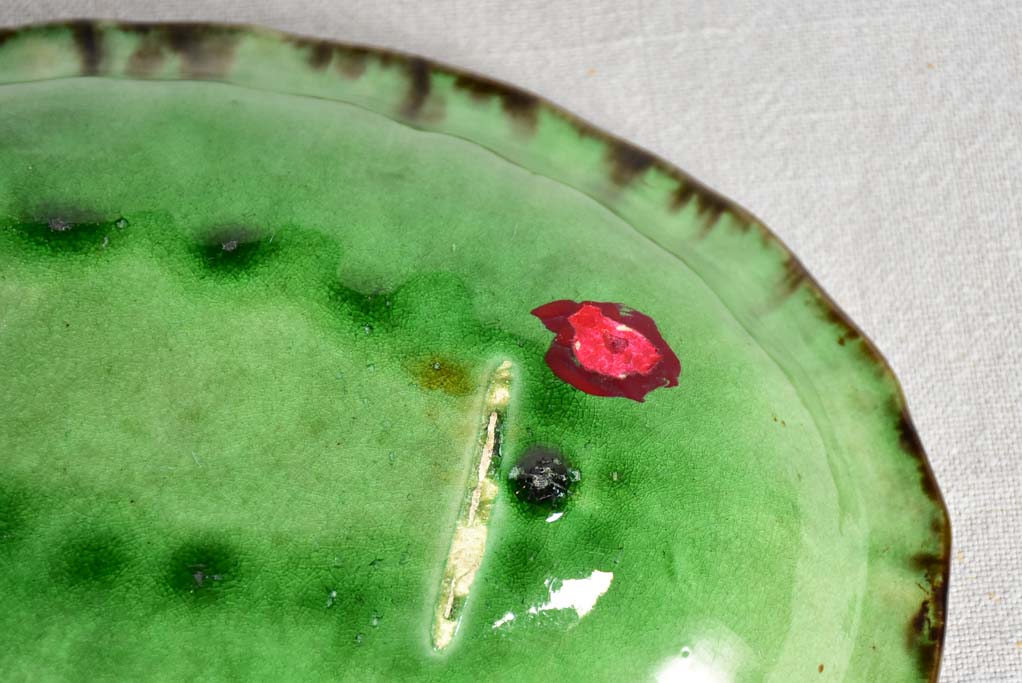 Antique French oval bowl from Dieulefit with green glaze 11"