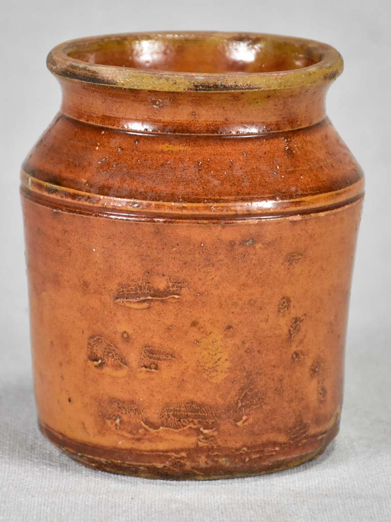 Small antique French preserving pot with orange / ochre glaze