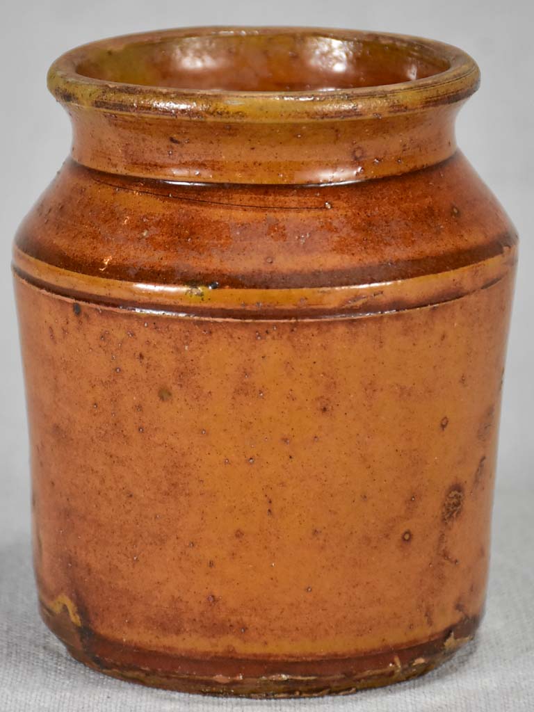 Small antique French preserving pot with orange / ochre glaze