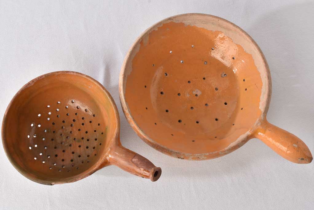 2 antique French terracotta strainers w/handles
