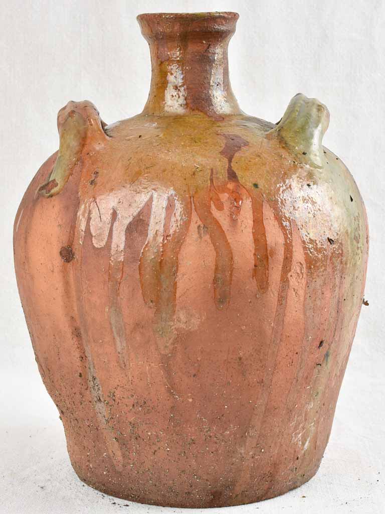Antique French walnut oil pitcher from the Auvergne w/ brown glaze 13¾"