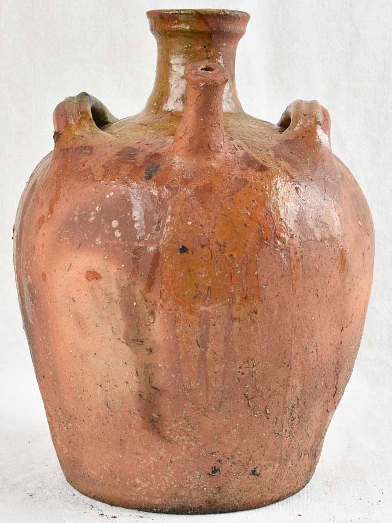 Antique French walnut oil pitcher from the Auvergne w/ brown glaze 13¾"