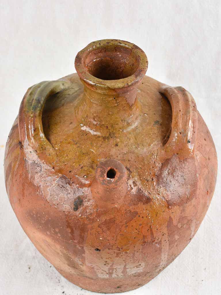 Antique French walnut oil pitcher from the Auvergne w/ brown glaze 13¾"