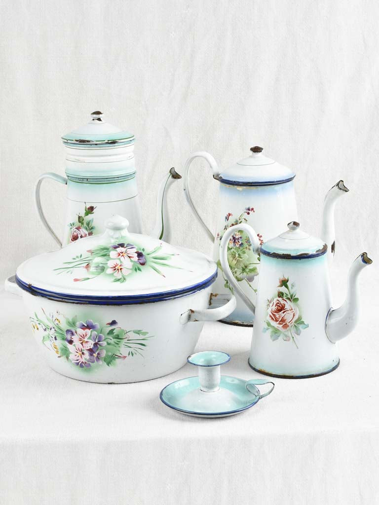 Collection of enamelware - 5 pieces - coffee pots / tureen / candlestick