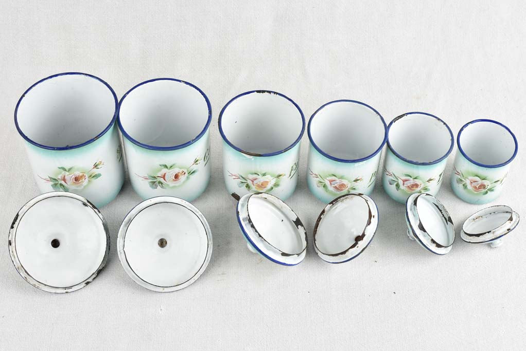 Collection of antique French enamelware spice jars