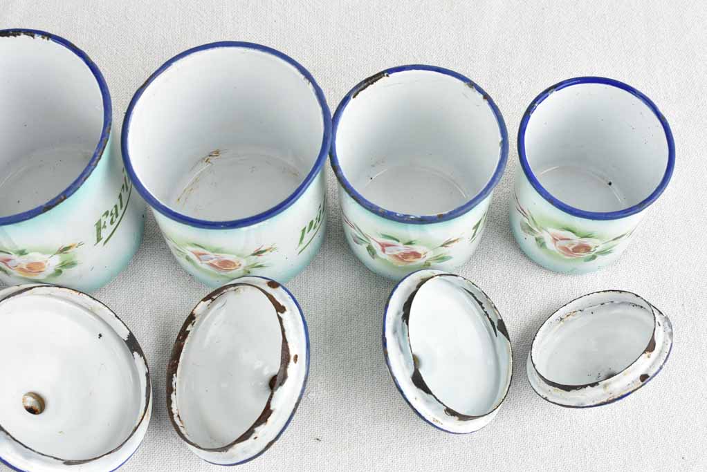 Collection of antique French enamelware spice jars