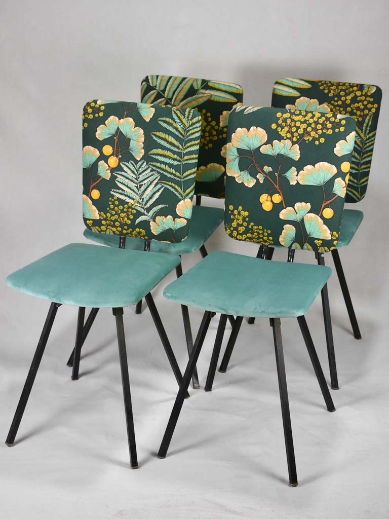 Four 1950's chairs with turquoise velvet and floral upholstery