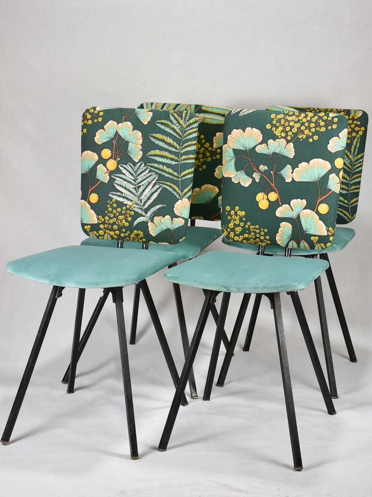 Four 1950's chairs with turquoise velvet and floral upholstery